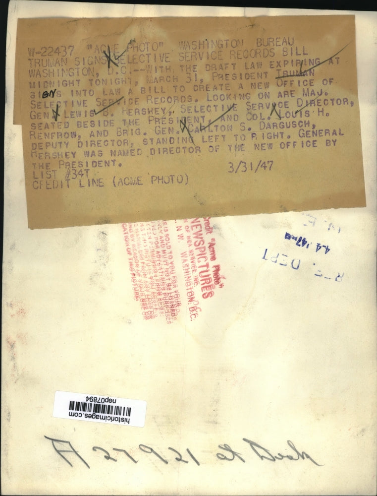 1947 Press Photo President Harry Truman,Maj Gen Lewis Hershey - nep07894