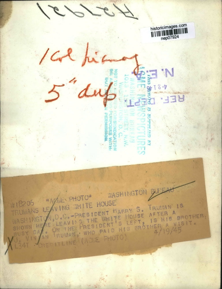 1945 Press Photo President Harry Truman & brother J Vivian at White House