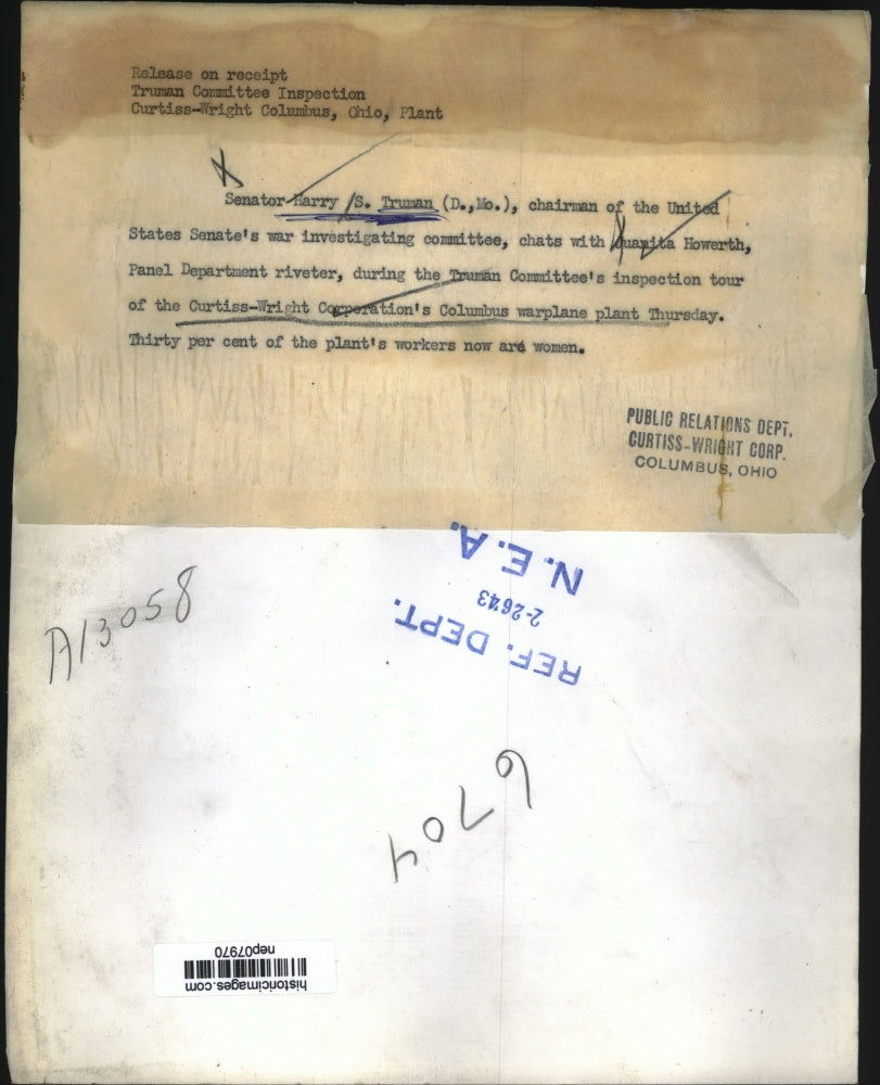 1943 Press Photo Senator Harry Truman at Curtiss-Wright Corp's Columbus Plant