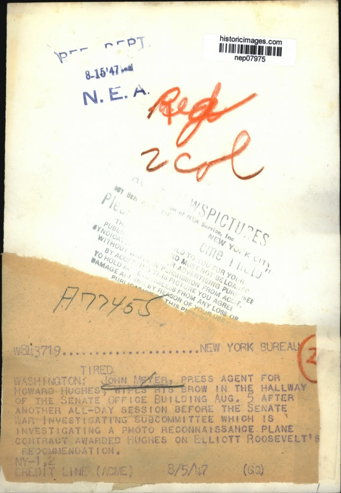 1947 Press Photo John Meyer after Senate War Investigating Subcommittee