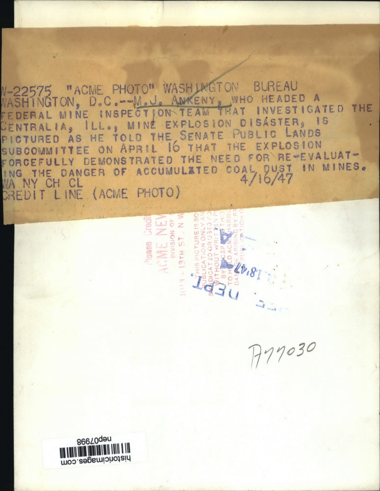 1947 Press Photo M.J. Ankeny Testifies in Senate Public Lands Subcommittee