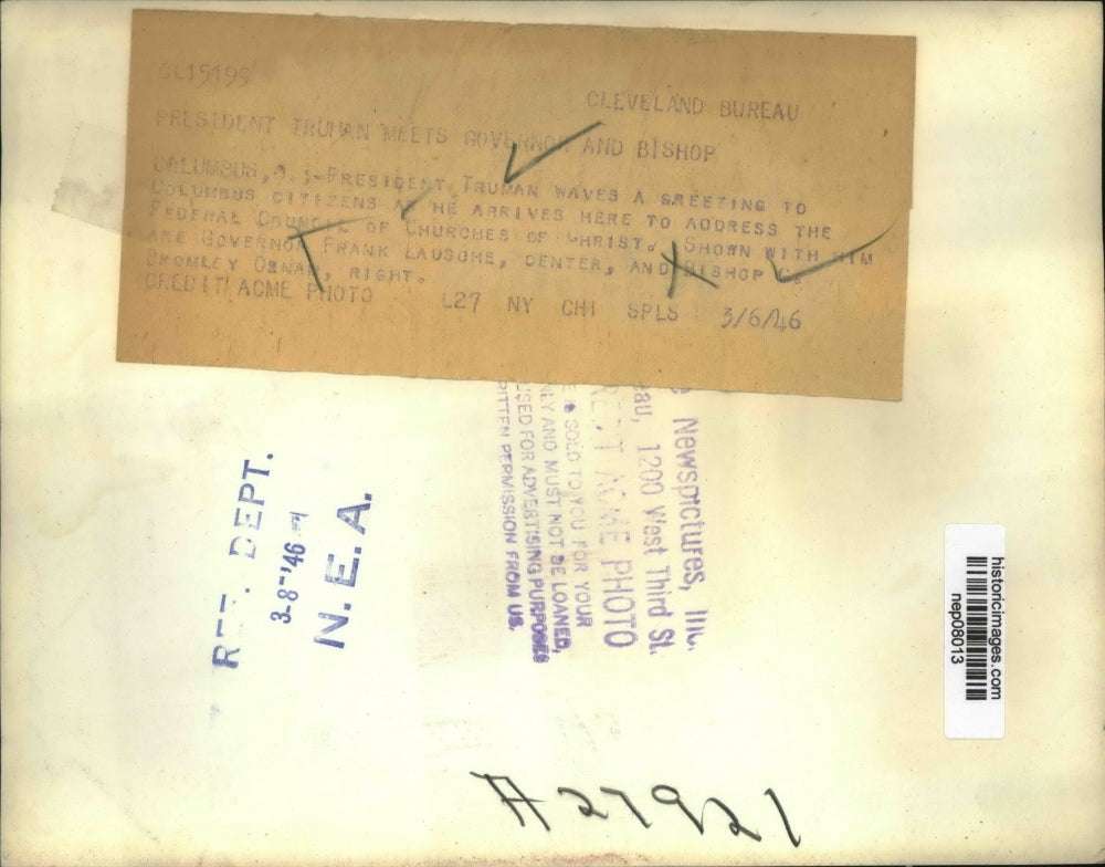 1946 Press Photo President Harry Truman Greeted in Columbus, Ohio - nep08013