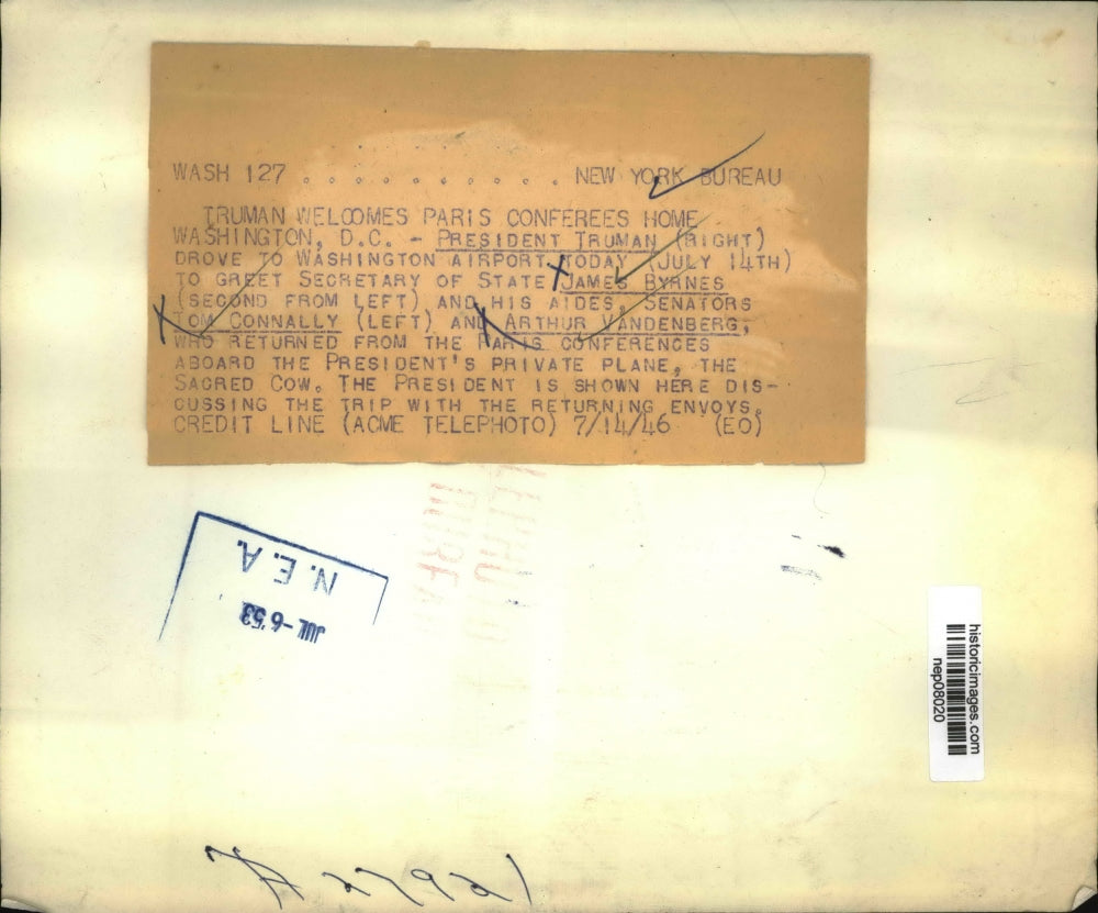 1946 Press Photo President Harry Truman Greets Paris Conferees in Washington