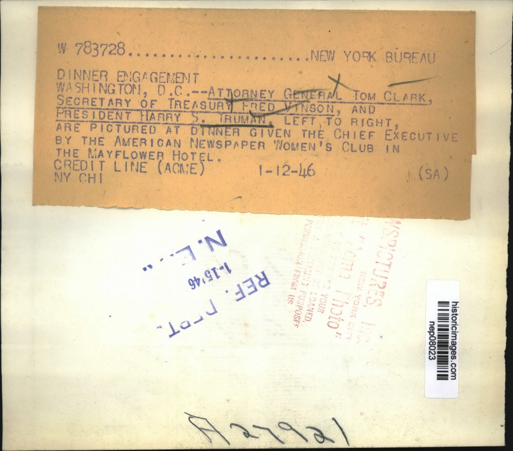 1946 Press Photo President Harry Truman w/ Tom Clark, Fred Vinson at Mayflower