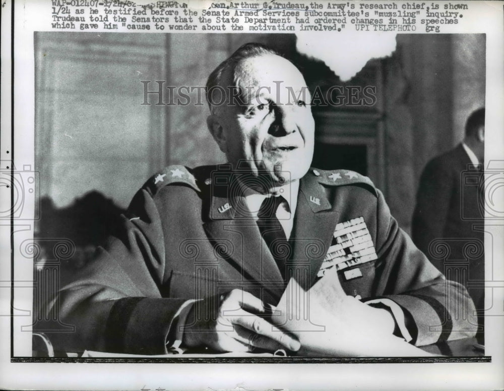 1962 Press Photo Gen Arthur Trudeau Testified Before Senate Armed Service Subcom