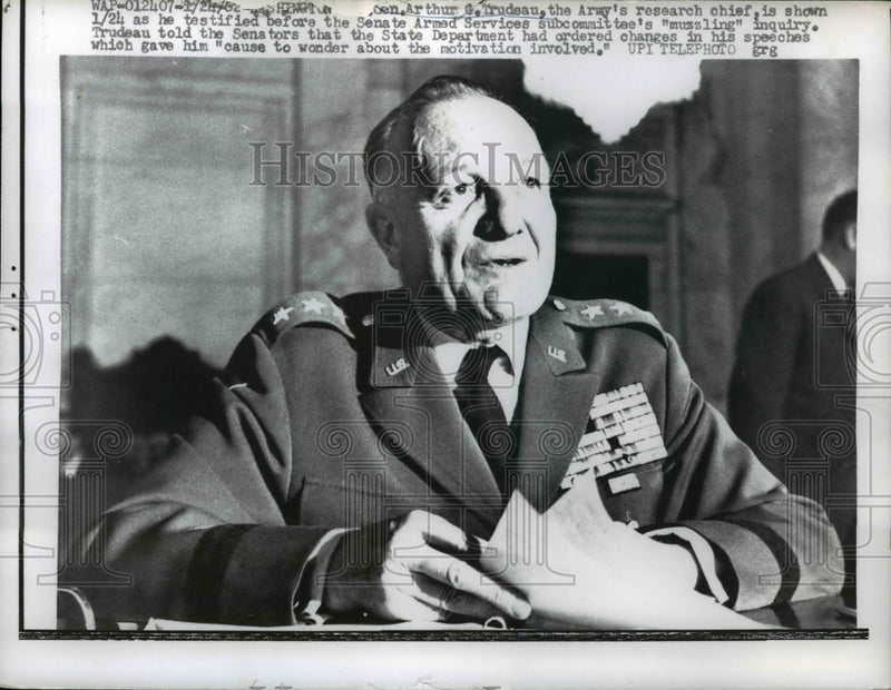 Load image into Gallery viewer, 1962 Press Photo Gen Arthur Trudeau Testified Before Senate Armed Service Subcom
