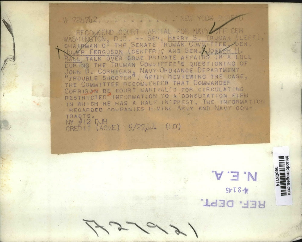 1944 Press Photo Sen Harry Truman & Sen Homer Ferguson with Sen Joseph H. Ball