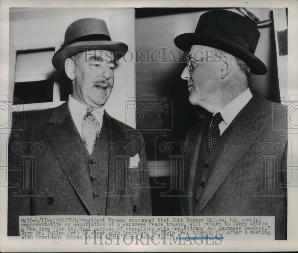 1951 Press Photo Dean Acheson and Mr. Dulles, Who is to Manage Peace Treaty