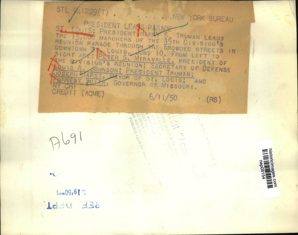 1950 Press Photo Pres Harry Truman Leads 13K Marchers Through Downtown St Louis