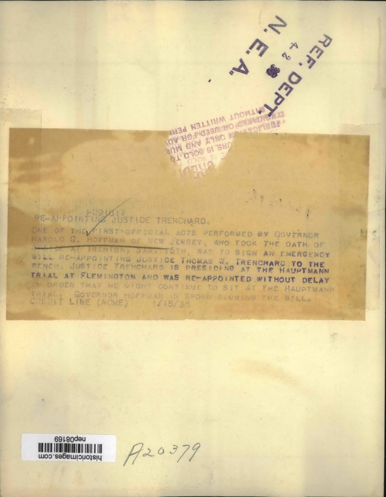 1937 Press Photo Gov H. Hoffman Signs Bill Re-Appointing Justice T. Trenchard