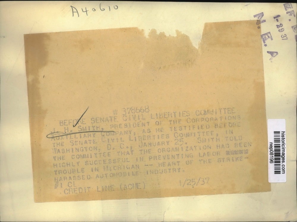 1937 Press Photo J.H. Smith, Pres of Corporations Aux Co. Testifies Before Sen
