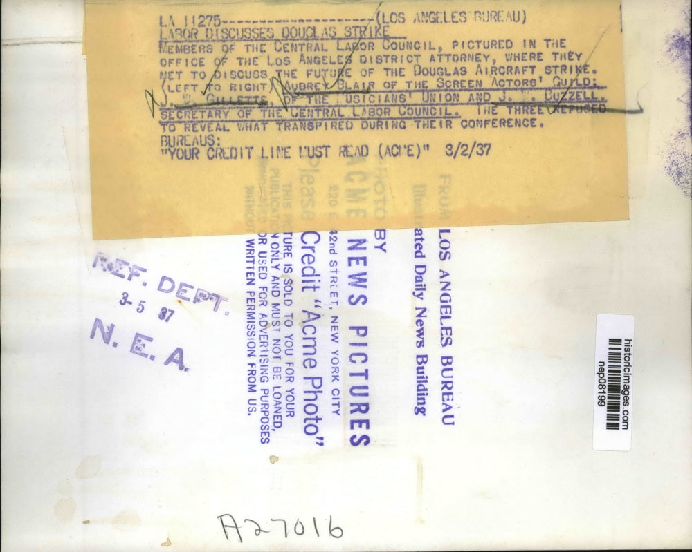 1937 Press Photo Members of Central Labor Council in L.A. D.A.'s Office