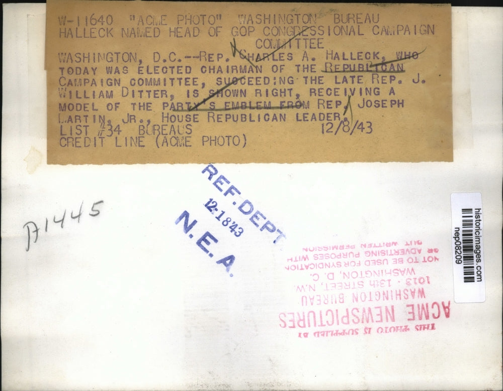 1943 Press Photo Charles Halleck Elected to Republican Campaign Committee