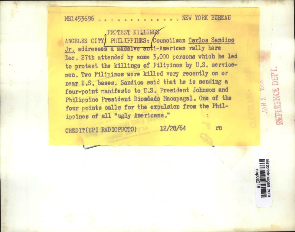 1964 Press Photo Councilman Carlos Sandico, Jr Addresses Anti-American Rally