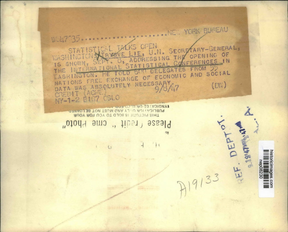 1947 Press Photo U.N. Secretary Shown Addressing Opening of Statistical Conf