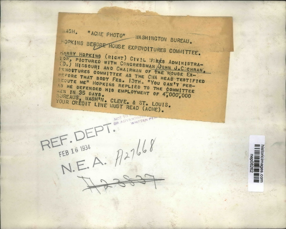 1934 Press Photo Harry Hopkins, John Cochran in House Expenditures Committee