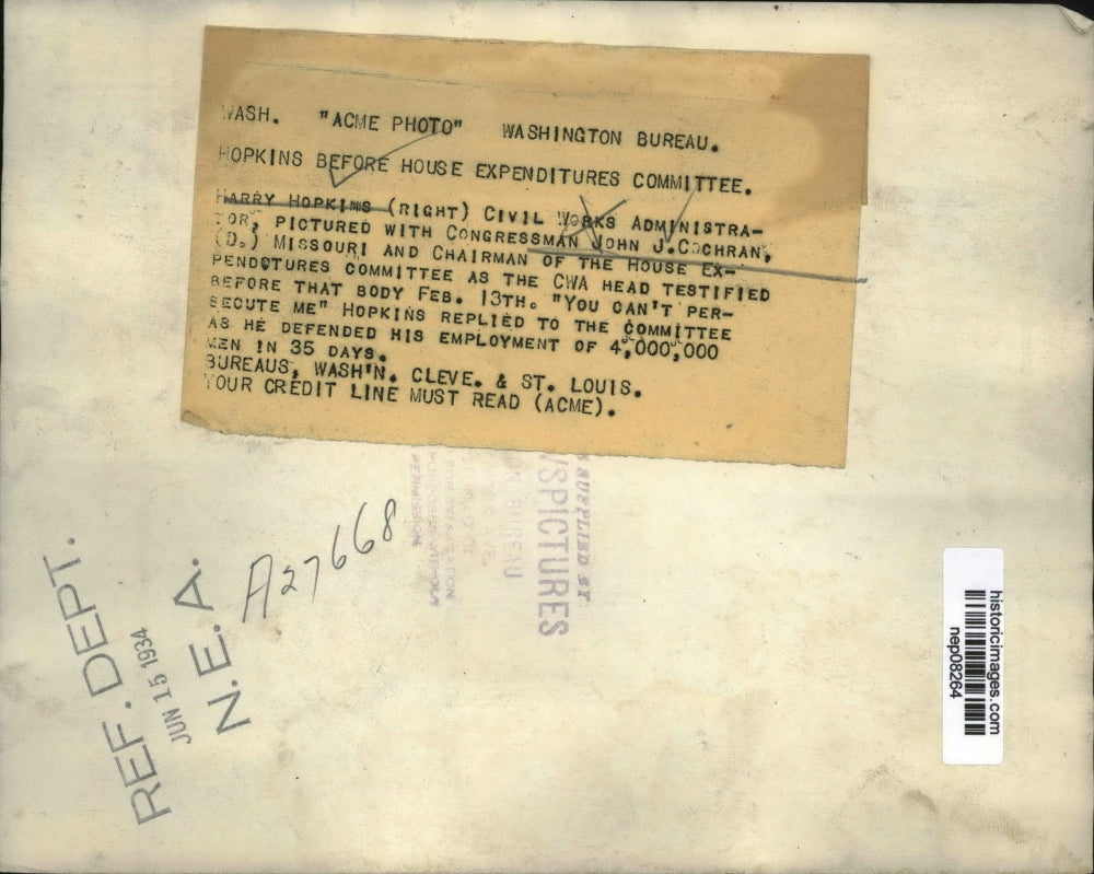 1934 Press Photo harry Hopkins, John Cochran in House Expenditures Committee