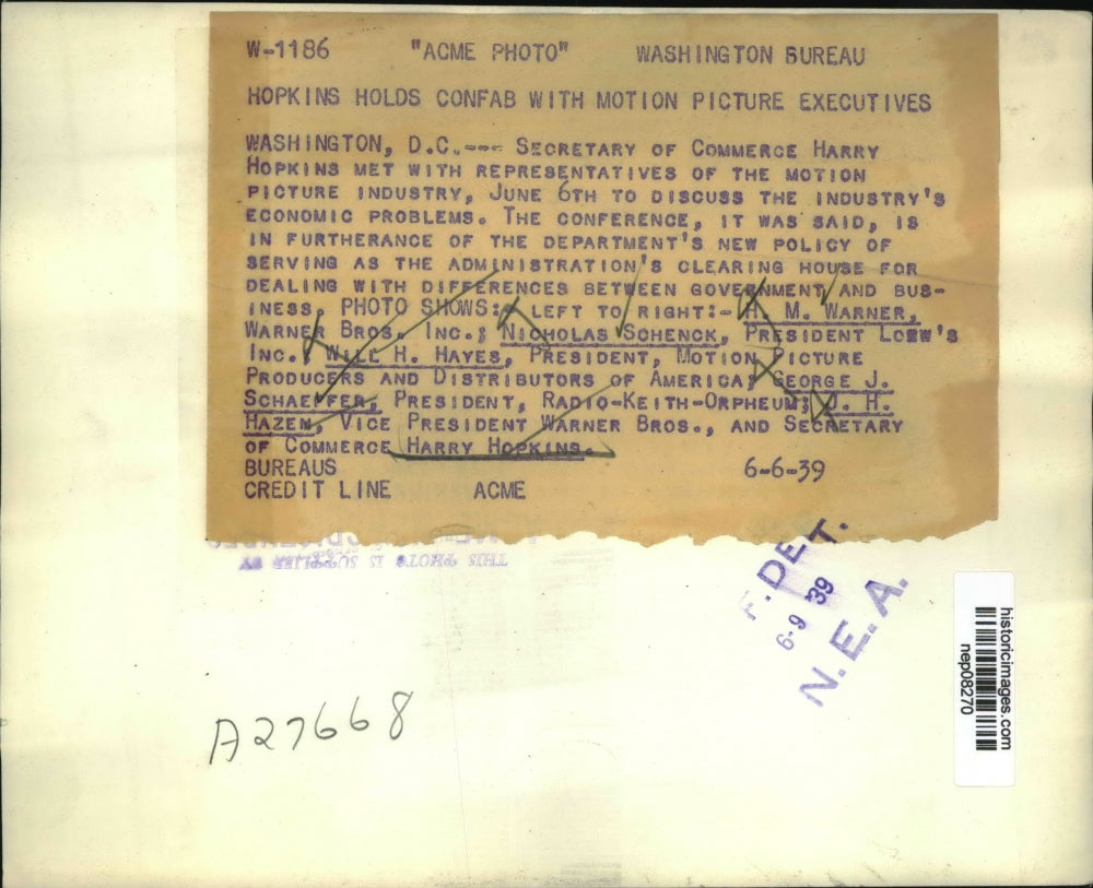 1939 Press Photo Harry Hopkins Meets w/ Motion Pictures Industry Representatives