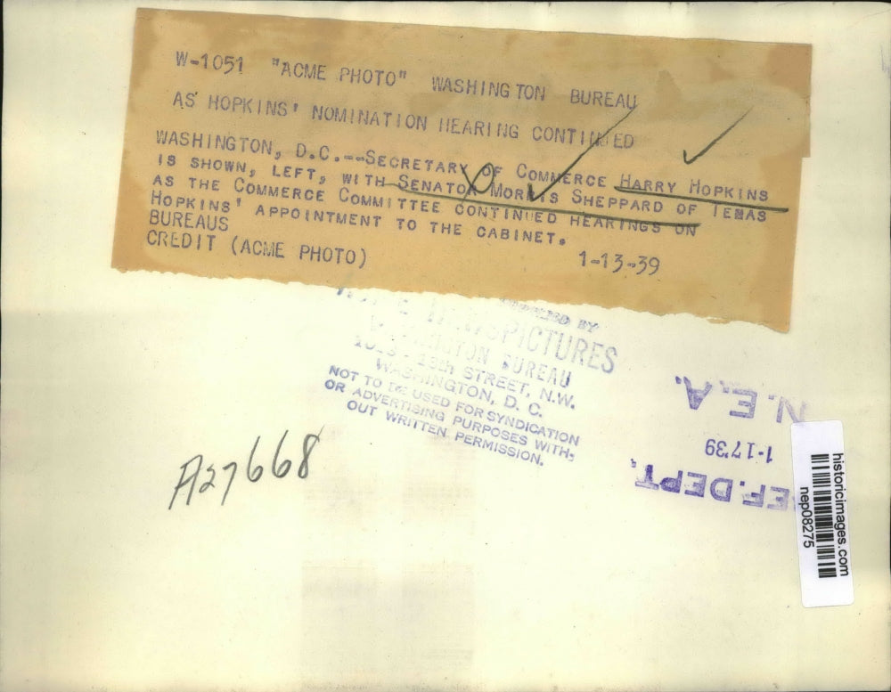 1939 Press Photo Harry Hopkins, Morris Sheppard at Commerce Committee Hearings