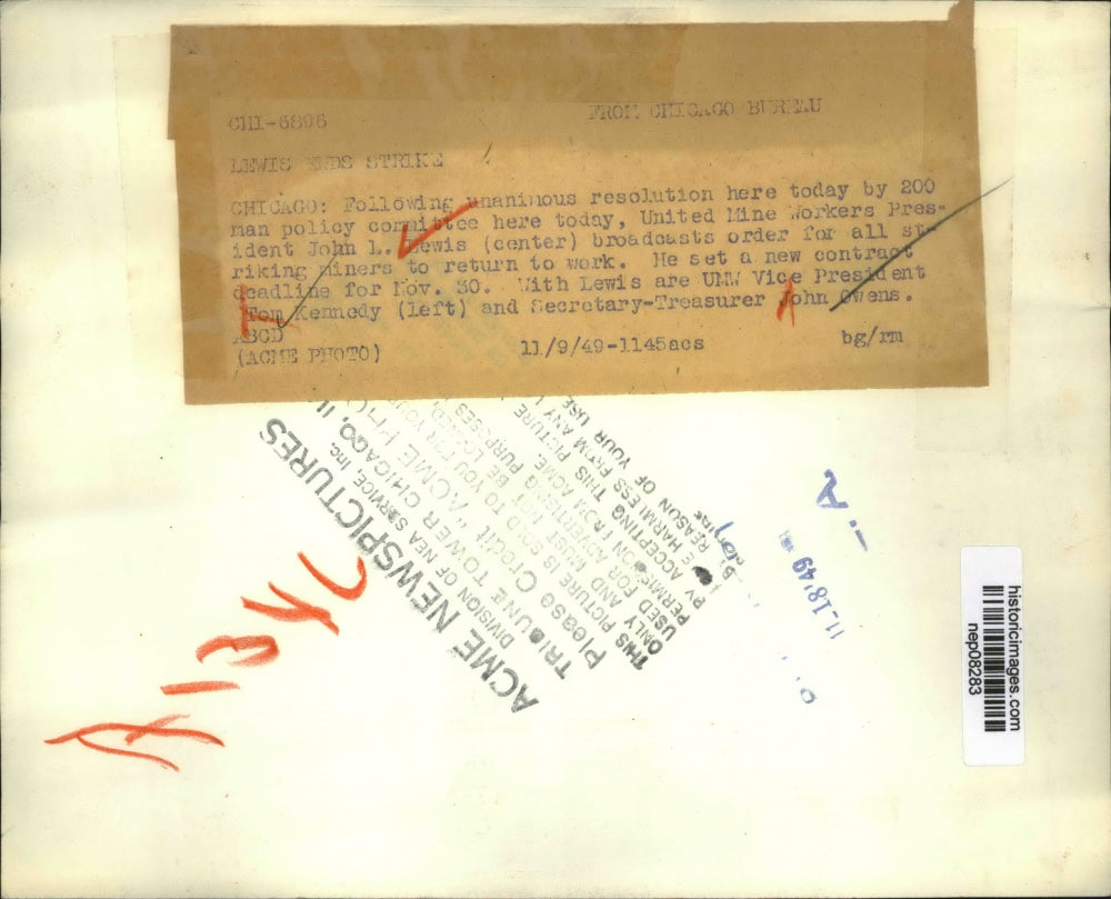 1949 Press Photo John L. Lewis Issues Order to All Mine Workers to Resume Work