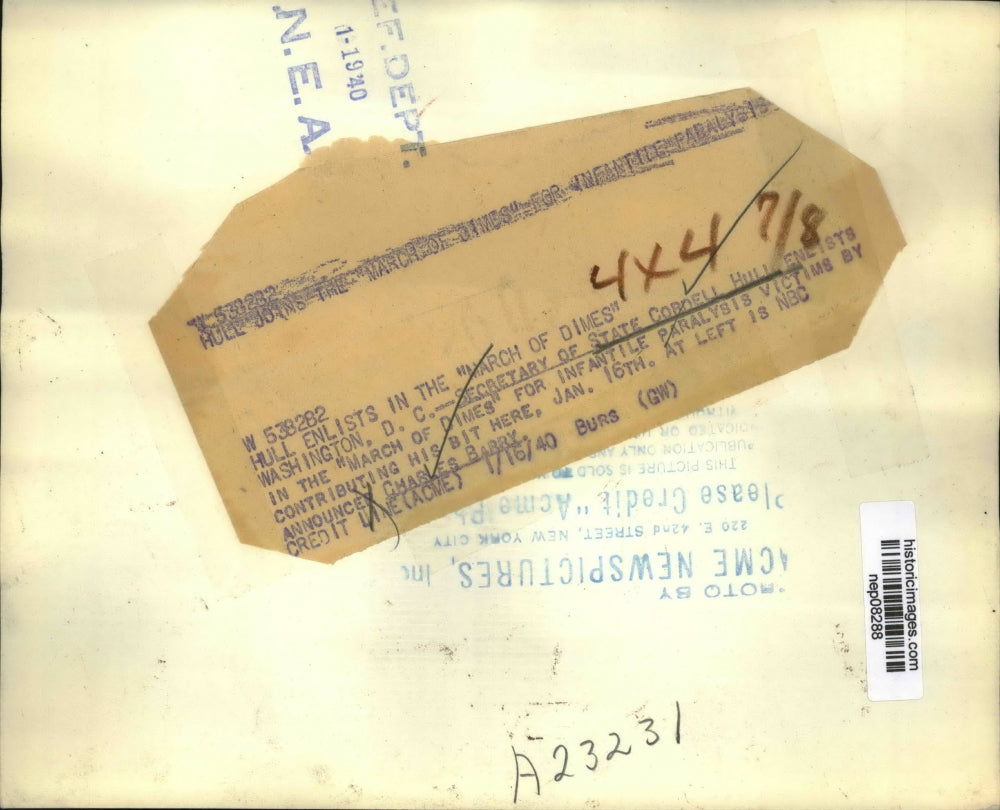 1940 Press Photo Secy of State Cordell Hull Enlists in "March of Dimes"