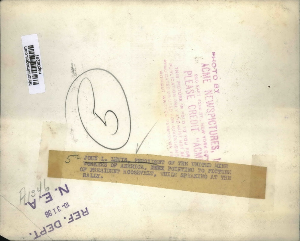 1936 Press Photo John L. Lewis, Pres of United Mine Workers of America