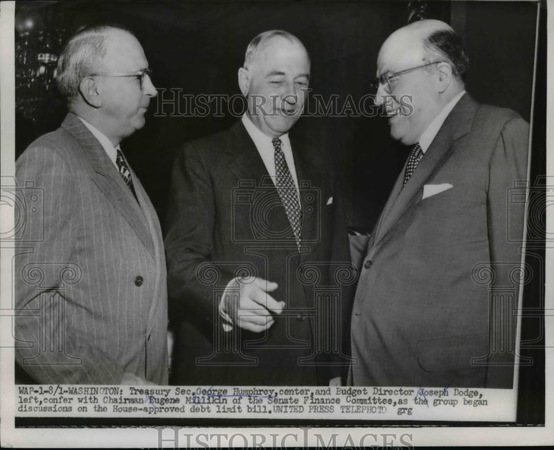 Load image into Gallery viewer, 1953 Press Photo George Humphrey, Joseph Dodge Confer w/ Eugene Millikin

