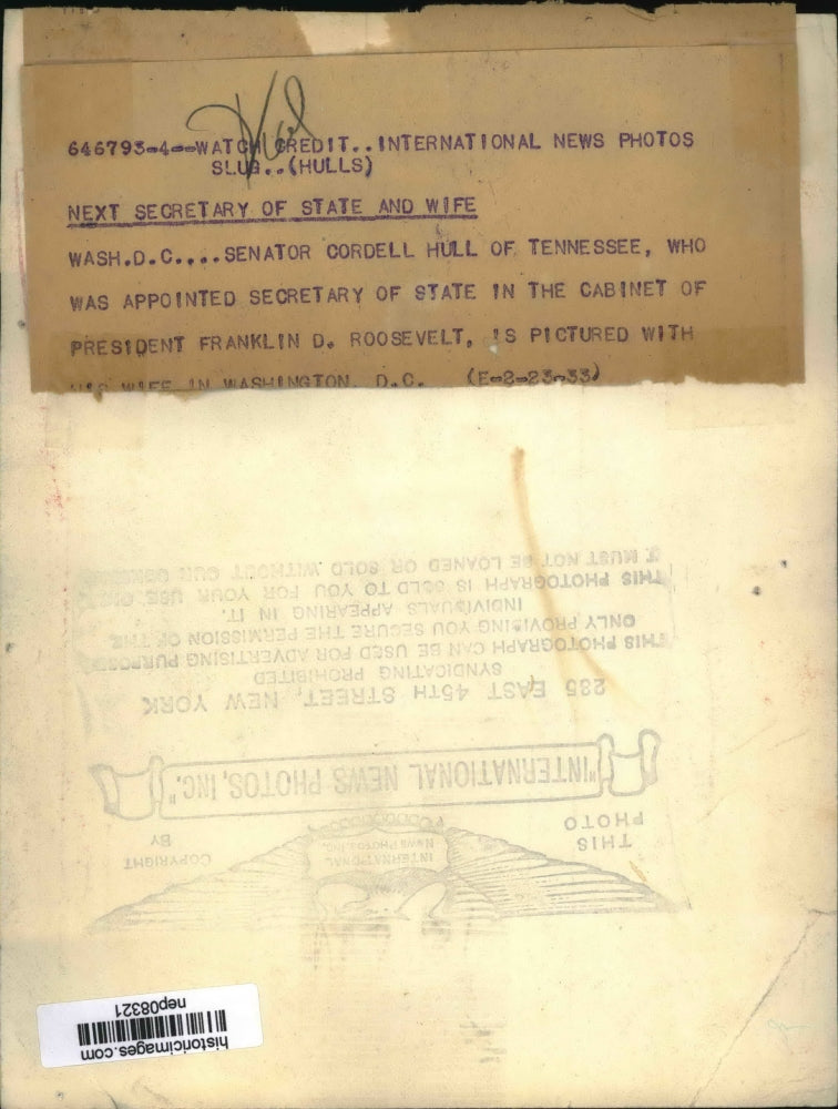 1933 Press Photo Senator Cordell Hull, Roosevelt Secretary of State w/ Wife