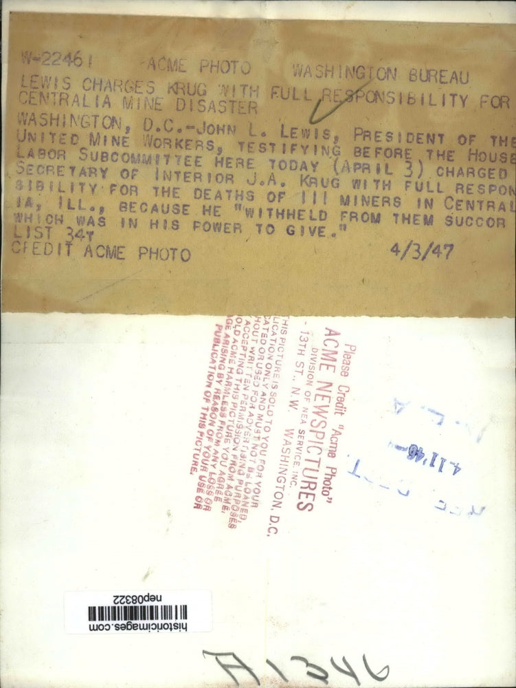 1947 Press Photo John L Lewis of United Mine Workers in House Labor Subcommittee