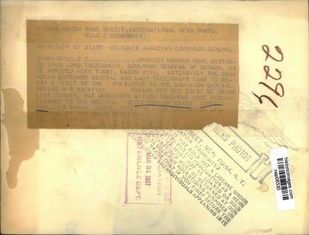 1937 Press Photo Secretary of State Cordell Hull Welcomes Lord Tweedsmuir