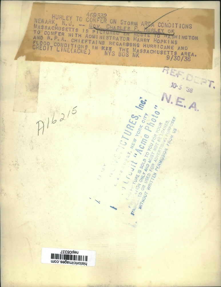 1938 Press Photo Gov Charles E Hurley of MA to Confer with Harry Hopkins