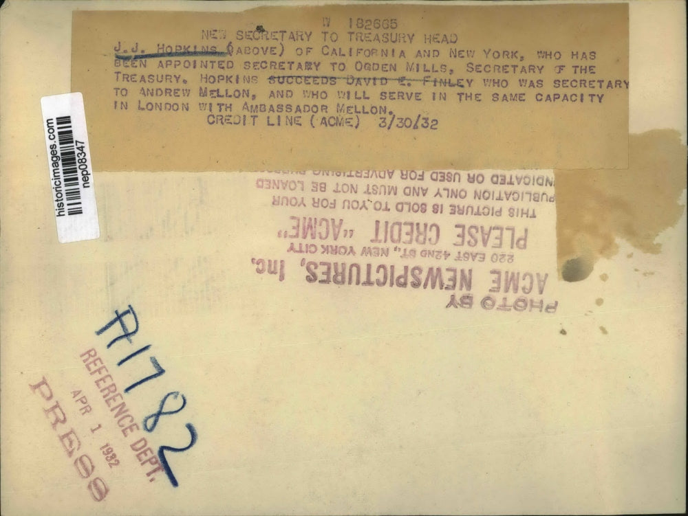 1932 Press Photo J.J. Hopkins Made Secy to Ogden Mills. Secy of Treasury