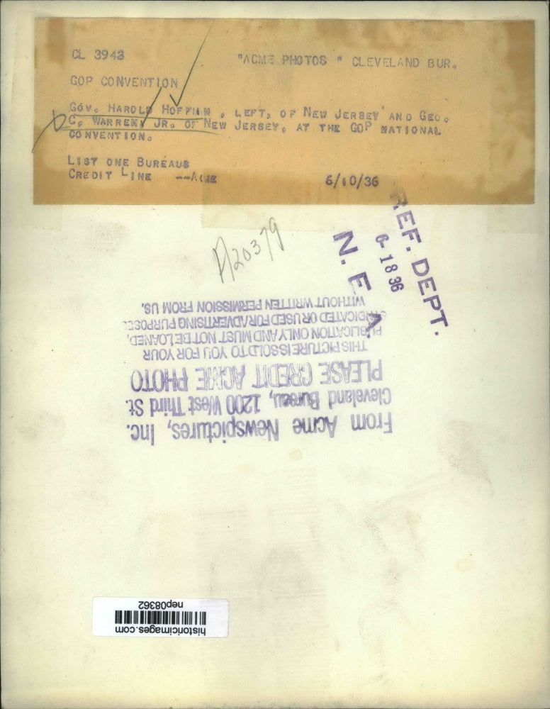 1936 Press Photo Gov Harold Hoffin & George Warren Jr. at GOP Nat'l Convention