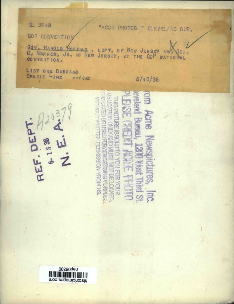 1936 Press Photo Harold Hoffman, George Warren at Republican National Convention