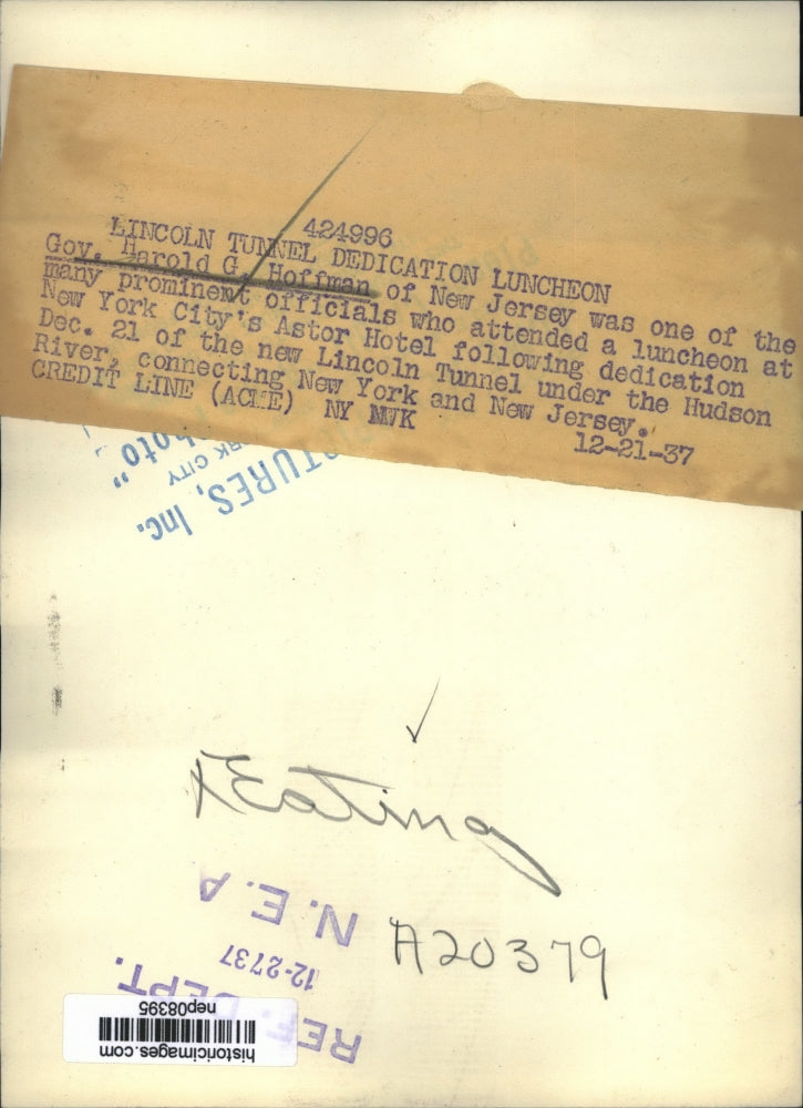 1937 Press Photo Governor Harold Hoffman at Lincoln Tunnel Dedication Lunch