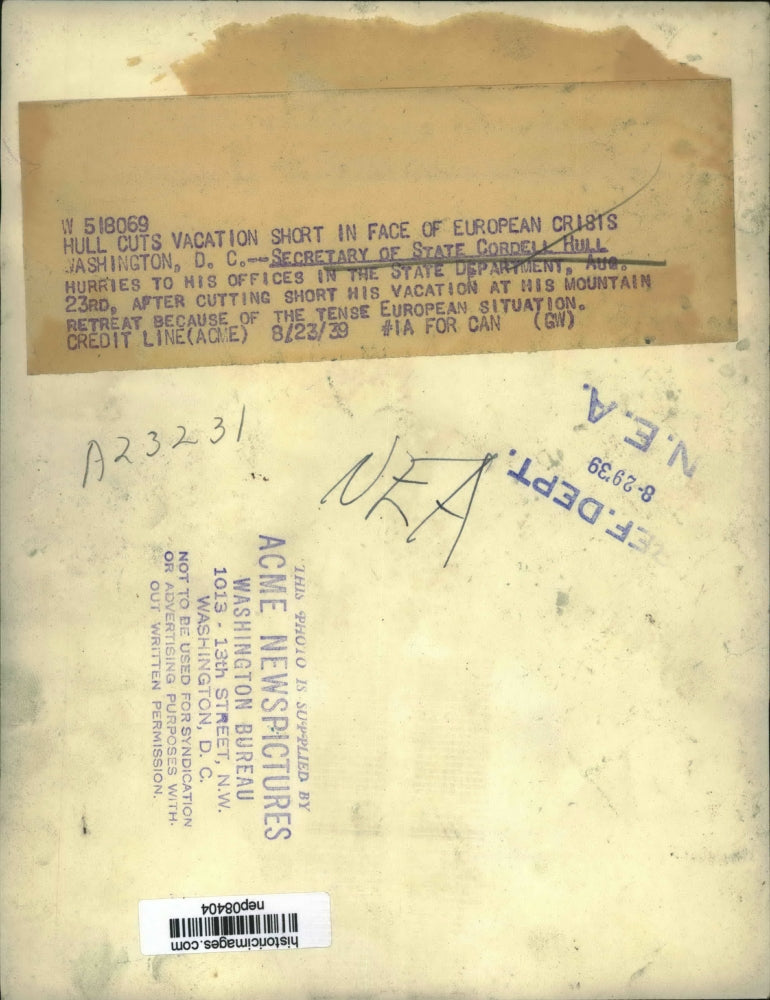 1939 Press Photo Secy of State Cordell Hull Heads to State Department Office