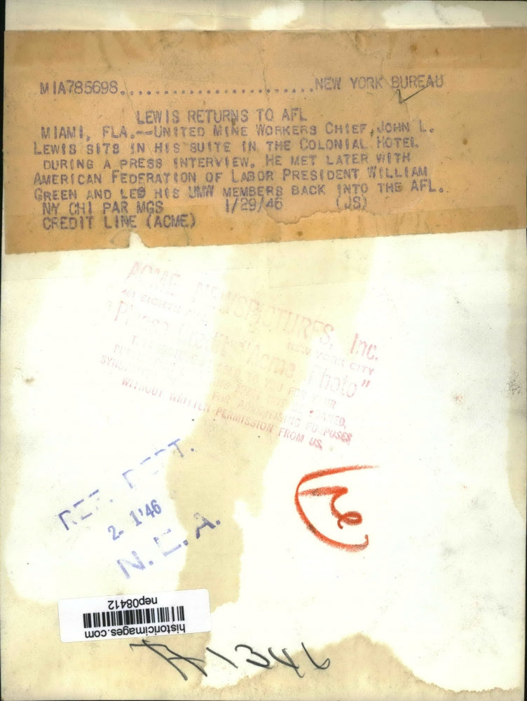 1946 Press Photo John L Lewis Mine Worker's Chief Shown During Press Interview