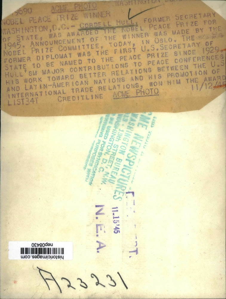 1945 Press Photo Cordell Hull Awarded Nobel Peace Prize for 1945 - nep08430