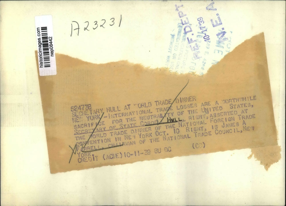 1939 Press Photo Secy Hull Espouses Trade Losses in Exchange for War Neutrality