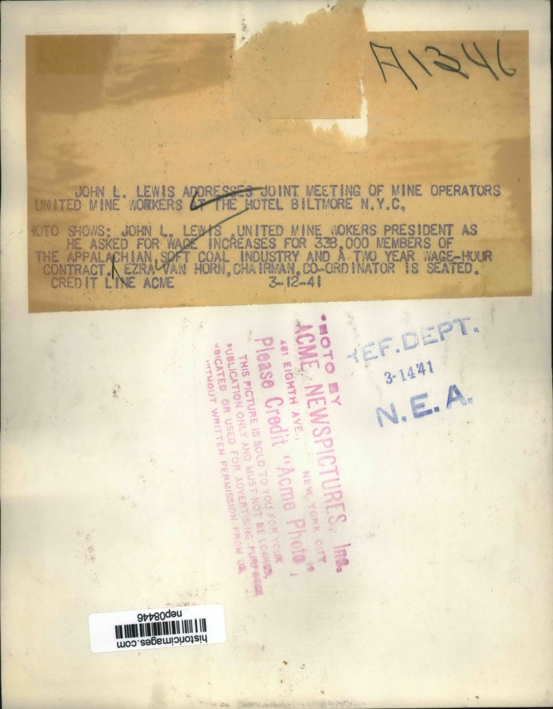 1941 Press Photo John L. Lewis Addresses Joint Meeting of Mine Workers at Hotel