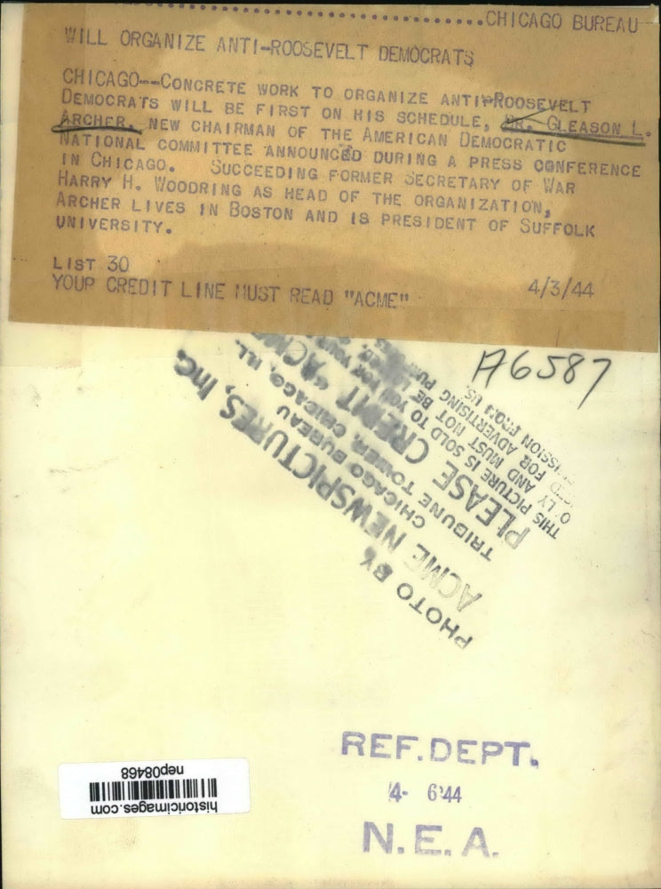 1944 Press Photo Mr. Gleason L Archer to Assemble Anti-Roosevelt Democrats