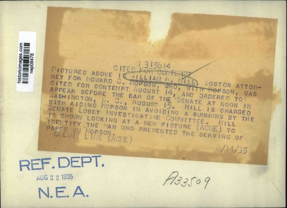 1935 Press Photo William A. Hill, Boston Atty for Howard C. Hopson - nep08478
