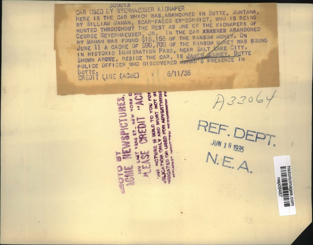 1936 Press Photo Car of William Mahan, Kidnapper of George Weyerhaeuser Jr.