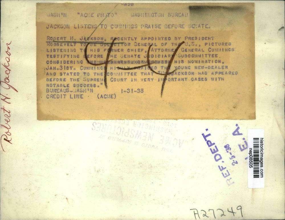 1938 Press Photo Robert H Jackson in Senate Judiciary Subcommittee - nep08505