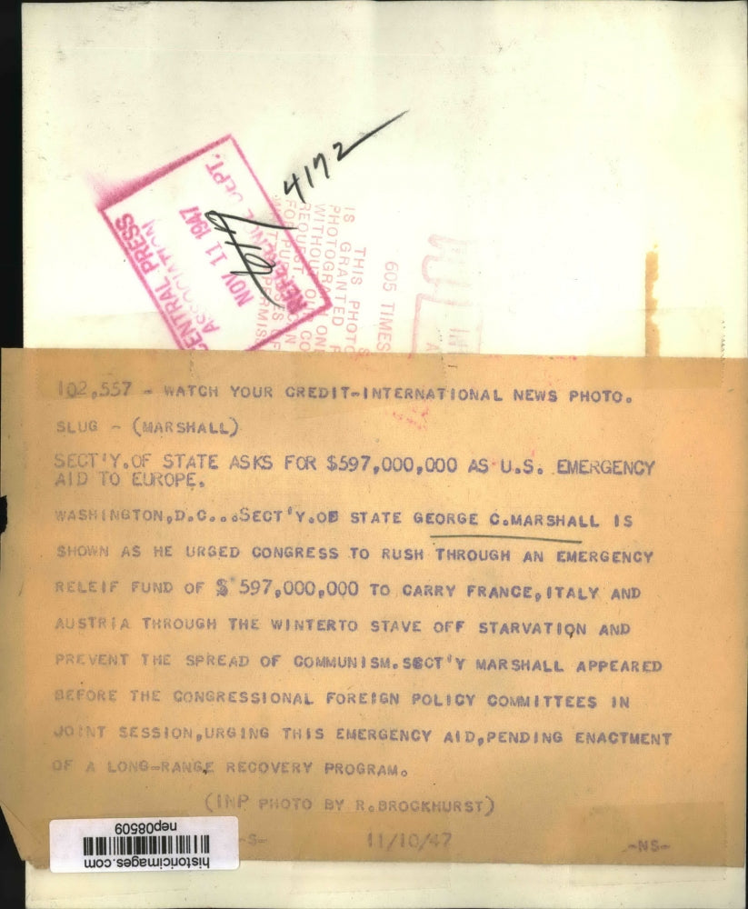 1947 Press Photo Secretary of State George Marshall Asks for US Aid to Europe