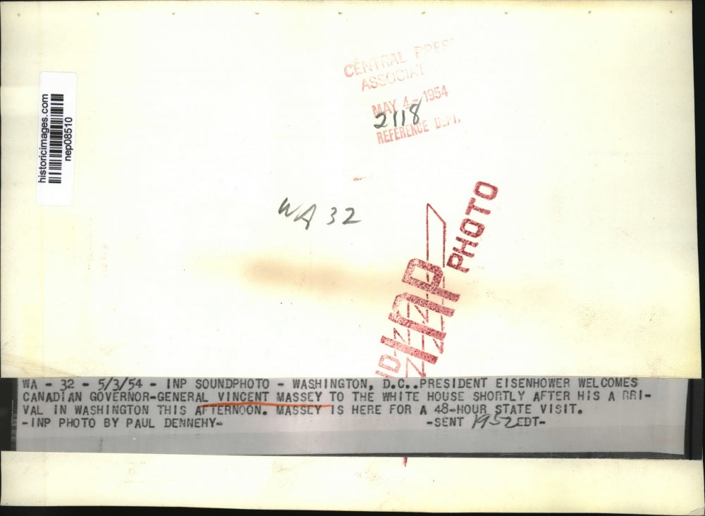 1954 Press Photo President Dwight Eisenhower w/ Vincent Massey at White House