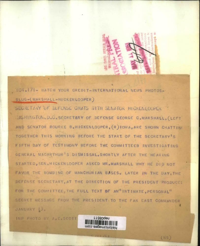 1951 Press Photo George Marshall, Bourke Hickenlooper at MacArthur Investigation