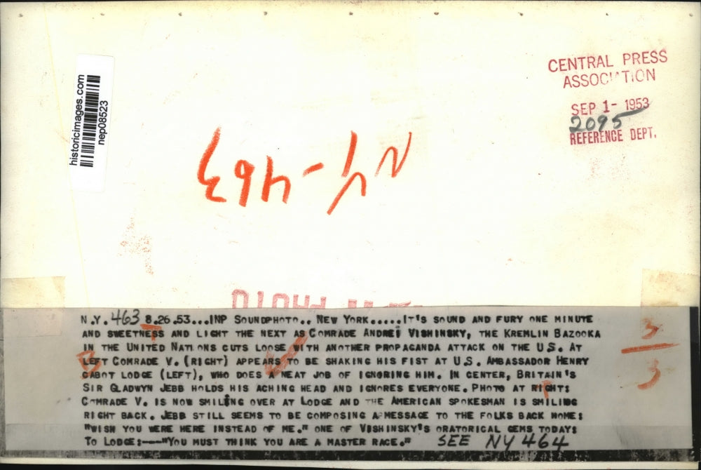 1953 Press Photo Andrei Vishinsky Spouts Anti-US Propaganda at UN - nep08523