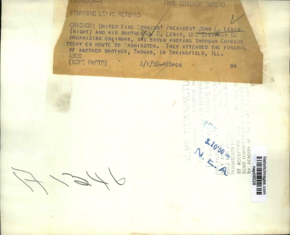 1950 Press Photo John L. Lewis & Brother en Route to Washington After Funeral