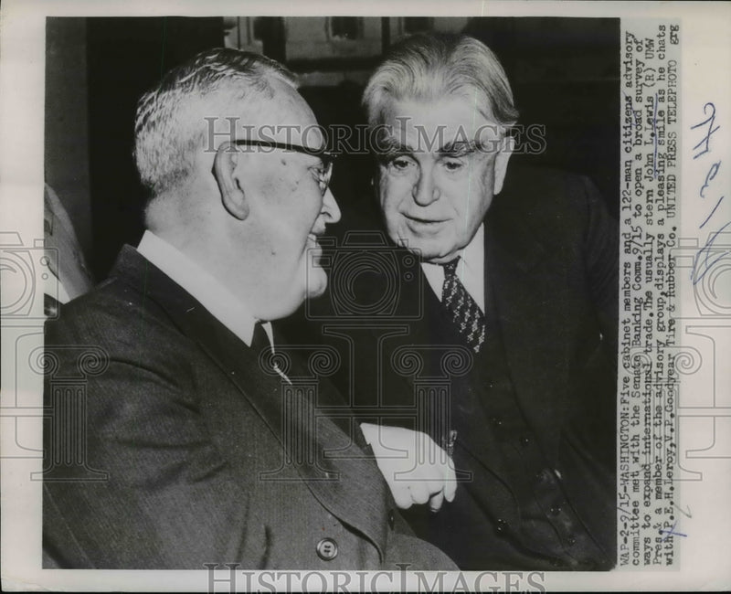Load image into Gallery viewer, 1953 Press Photo John Lewis Chats with P.E.H. Leroy Amid Senate Banking Comm.
